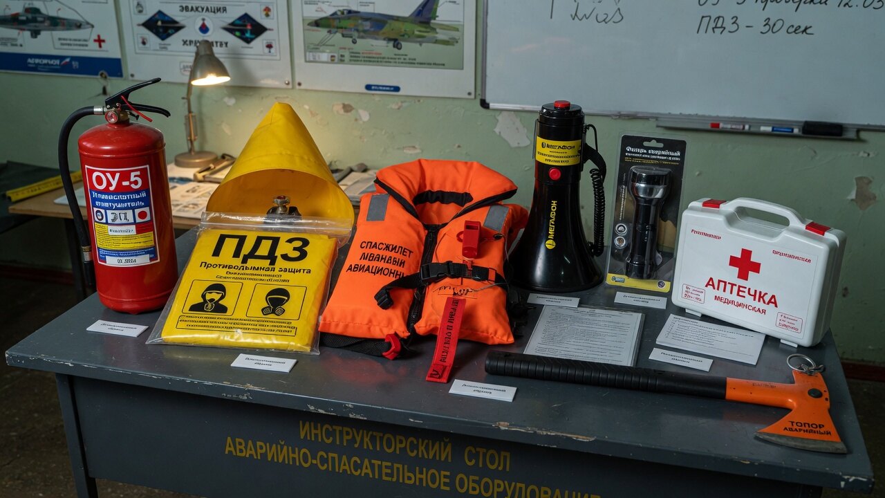 Комплект аварийно-спасательного оборудования на столе инструктора